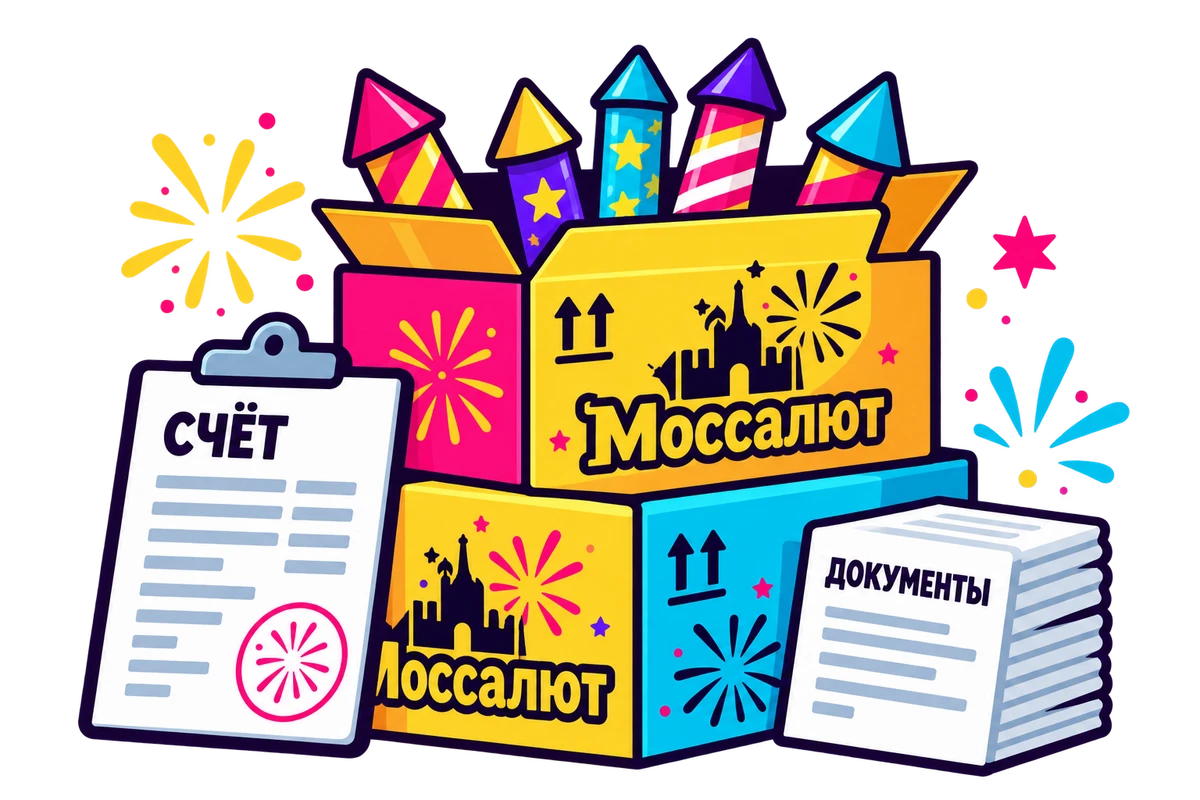 Фирменные коробки Моссалют с фейерверками, счёт и закрывающие документы